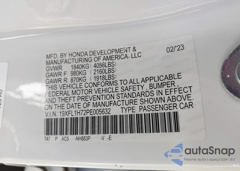 2023 Honda Civic Ex-L/Ex-L W/O Bsi z USA, uszkodzony, nr VIN 19XFL1H72PE005632